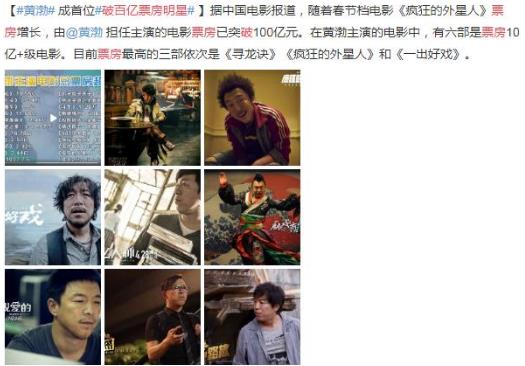 黃渤成首位百億票房明星 6部電影票房超10億+ 吳京成最大競爭對手