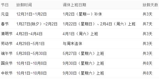 2017放假安排時間表_2017年日歷_2017年放假通知